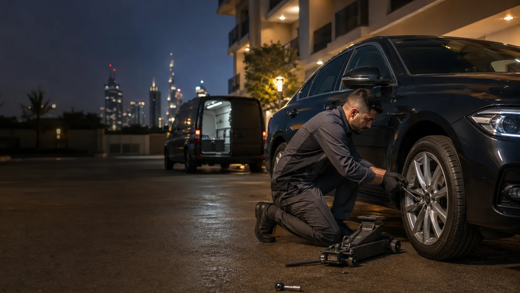 Mobile tyre service vehicle attending a customer in Dubai